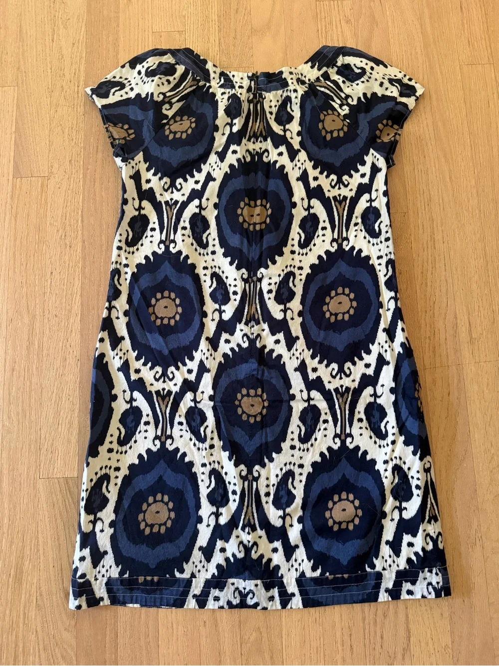 J. Crew Cotton Ikat Medallion Shift Mini Dress Blue Cream with Pockets Sz 4 Boho